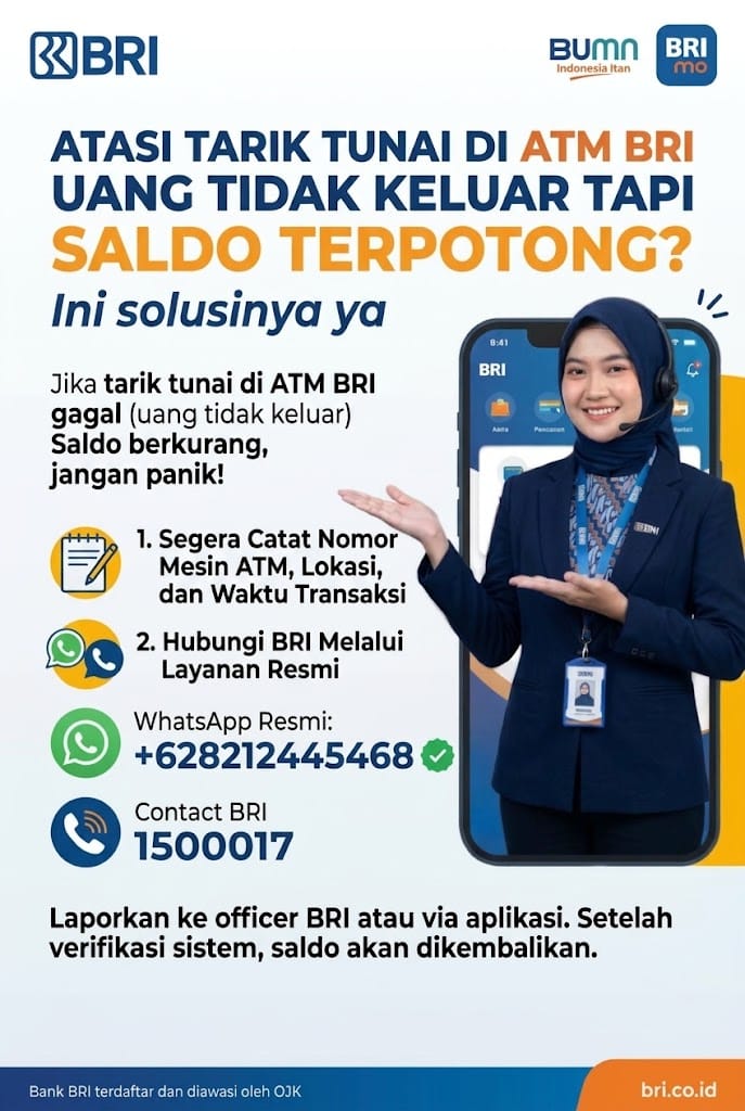 Solusi Atasi Tarik tunai di ATM BRI uang tidak keluar tapi Saldo terpotong? Ini solusinya ya