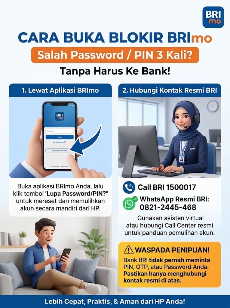 Untuk Membuka blokir BRImo Anda bisa menghubungi CS BRI Dinomor WhatsApp Sabrina (+62 821 - 2445 - 468). Anda bisa memilih m